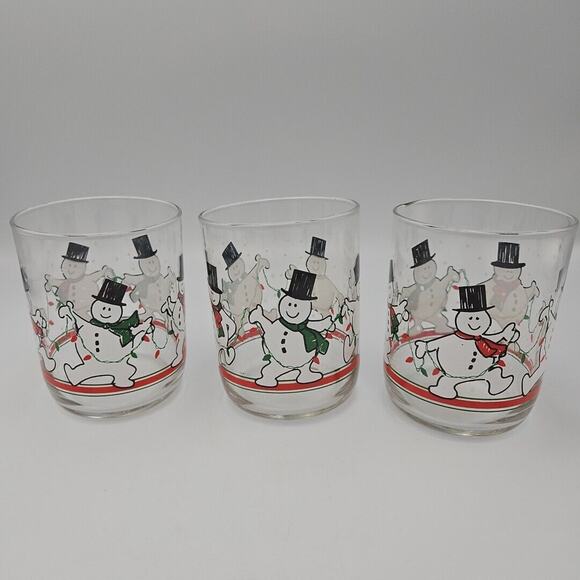 3 VTG Libbey Dancing Snowman Lowball Glasses. EUC Free Shipping - Picture 1 of 4